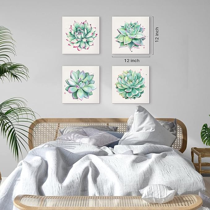 YOOOAHU Home Wall Art Decor Succulent Plants Simple Life Canvas Paintings Posters Prints 16" x 16" 4 Pieces Watercolor Hand-Drawn Green Leaf Framed Nature Pictures for Living Room Kitchen Decorations