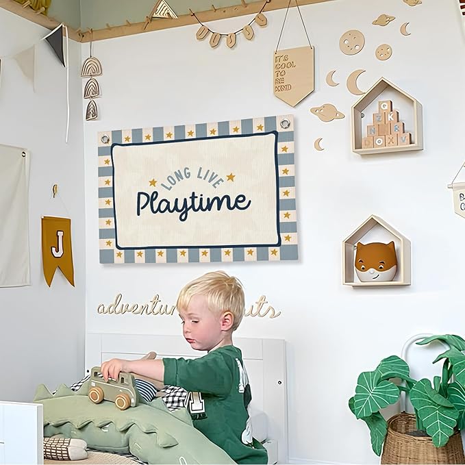 Playroom Wall Decor,Long Live Playtime Linen Canvas Banner,Navy Blue Toddler Playroom Decor Kids Room Nursery with Star Pattern Wall Decor for Toddler Boys Toy Room Bedroom,30x20 Inch