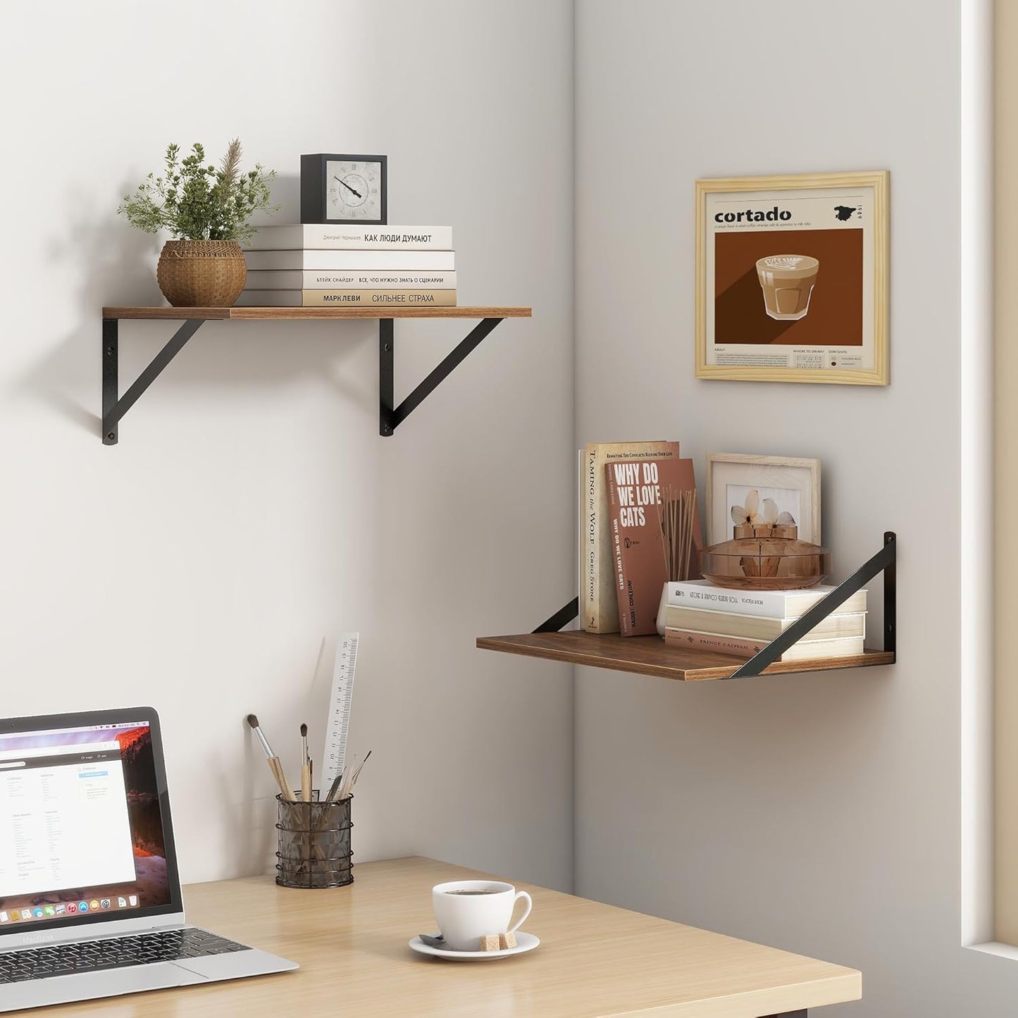 Deep Floating Shelves for Wall, 12 Inch Deep Floating Shelves Set of 2, 16"W x 12"D Wall Shelf, Wide Display Ledges Shelves for Bedroom, Bathroom, 12 Deep Bookshelf Wall Mounted - Walnut Color