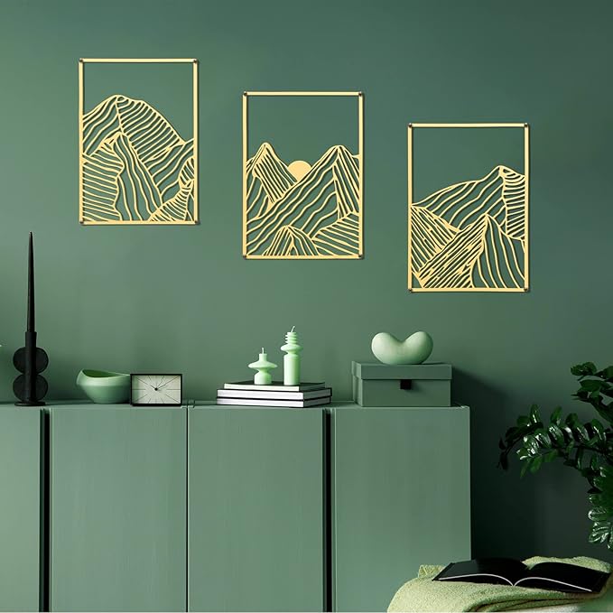 Peryiter 3 Pcs Metal Wall Art Decor Landscape Mountain Wall Hanging Decor for Living Room Abstract Minimalist Modern Mountain Line Pictures Bathroom Office Home Gifts Indoor(Gold)