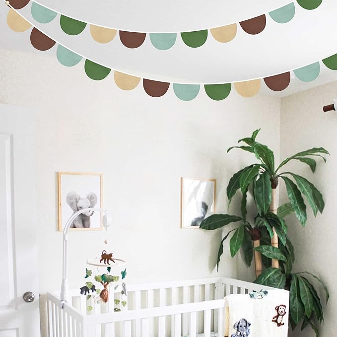 2 Sets of Green Brown Beige Half Round Banner 24Pcs Flags Nursery Garland Fabric Semicircle Streamers for Kids Jungle Safari Woodland Camping Birthday Baby Shower Party Decorations Baby Room Decor