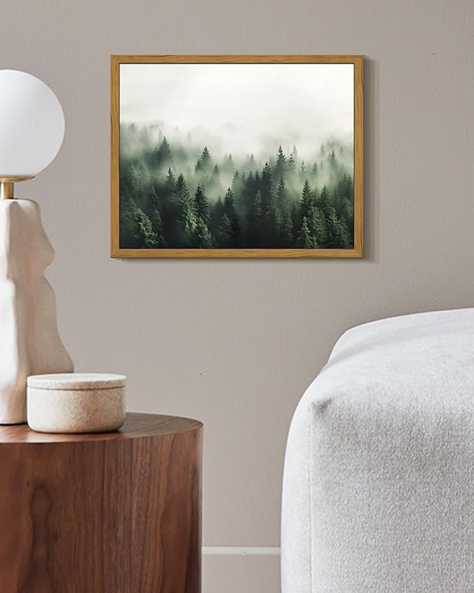 SHENIFY Green Fog Pine Tree Forest Vintage Framed Wall Art Modern Landscape Scenery Farmhouse Artwork Prints Decor for Kitchen Living Room Bedroom Bathroom - 8x10in Natural Framed