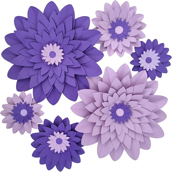 Purple Paper Flower (12''-5'' Assorted) for Wall Backdrop Wedding Mermaid Birthday Baby Shower Purple Party Decor Pack of 6