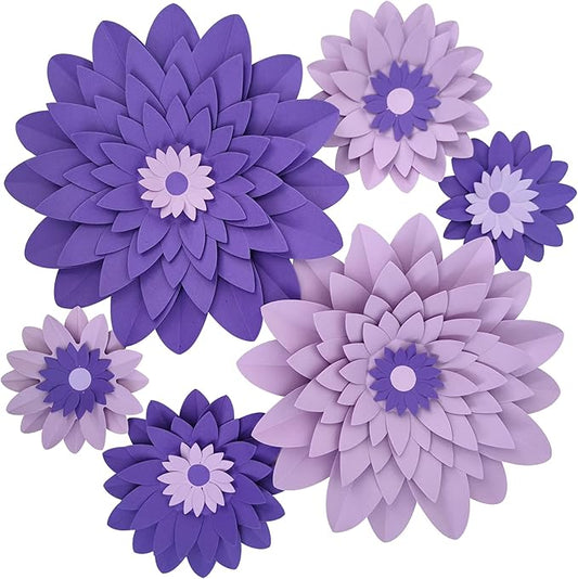 Purple Paper Flower (12''-5'' Assorted) for Wall Backdrop Wedding Mermaid Birthday Baby Shower Purple Party Decor Pack of 6