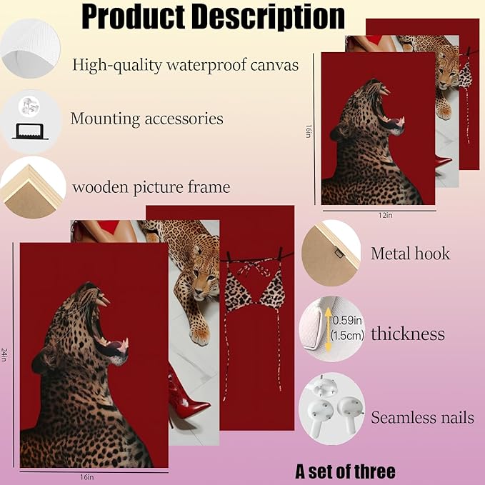 3Pcs Red Fashion Leopard Wall Art Cheetah Wall Decor Pictures Fashion Retro Long Boots Poster Chic Bikini Painting Artwork for Living Room Bedroom Bathroom Corridor Home Decoration 12x16 Framed