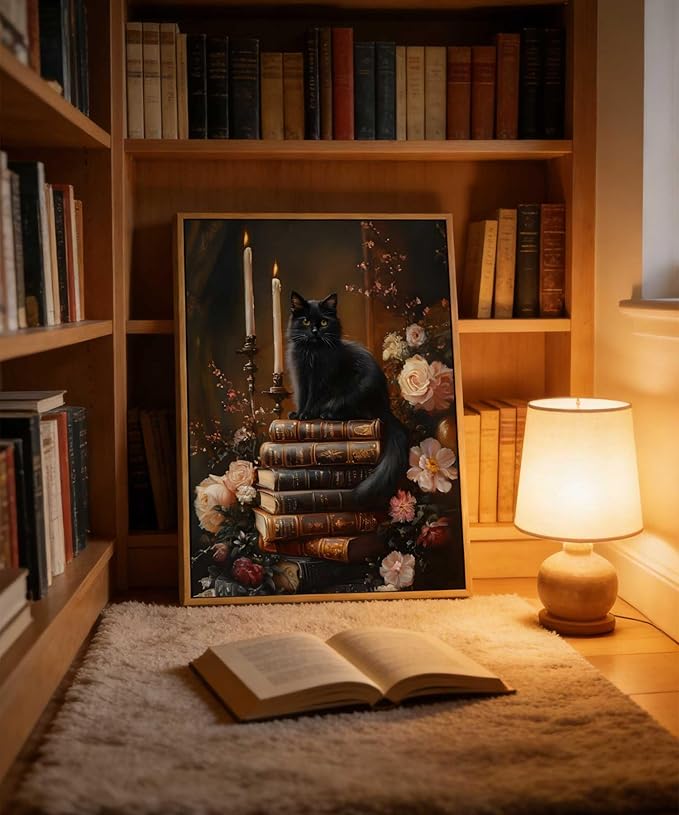 Framed Dark Academia Moody Wall Art Victorian Black Cat Wildflower Book Floral Wall Decor Picture Gothic Vintage Antique Aesthetics Poster Prints for Gallery Library Bookstore Decoration 8x10in