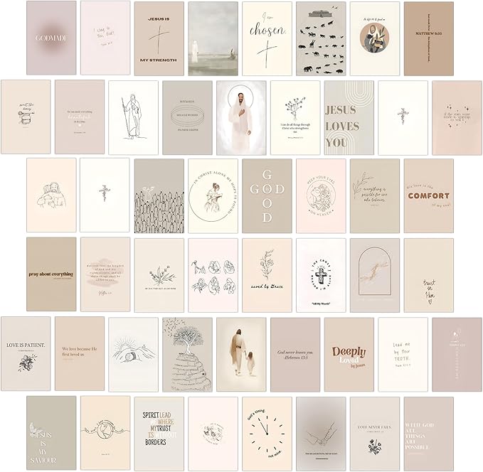 Christian Wall Collage Kit, Neutral Aesthetic Wall Art Prints and Posters, 50 Pcs 4x6 Inch Bible Verse Room Decor, Christian Wall Decor for Bedroom Dorm Office