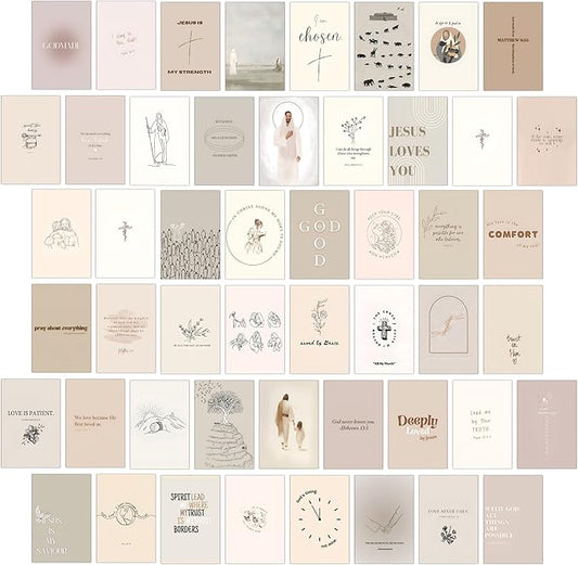 Christian Wall Collage Kit, Neutral Aesthetic Wall Art Prints and Posters, 50 Pcs 4x6 Inch Bible Verse Room Decor, Christian Wall Decor for Bedroom Dorm Office
