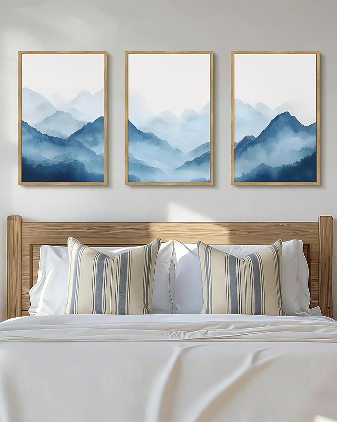 Drsoum Blue Fog Mountains Landscape Wall Art Framed Vintage Nature Misty Nordic Prints Ink Wash Watercolor Boho Farmhouse Rustic Artwork Hallway Bedroom Ready to Hang 16x24in Natural Framed