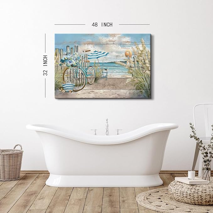 Large Blue Ocean Wall Art Abstract Coastal Seascape Picture for Living Room Decor Seaside Landscape Poster Rustic Dune Beach Prints Farmhouse Artwork Kitchen Living Room Decoration 32x48"