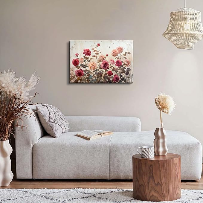 Rustic Floral Wall Art Pink Rose Wall Decor for Girls Bedroom Red Pink Roses Canvas Prints Pictures Retro Flower Painting Poster Farmhouse Artwork for Living Room Dining Room Home Decoration 16x24"
