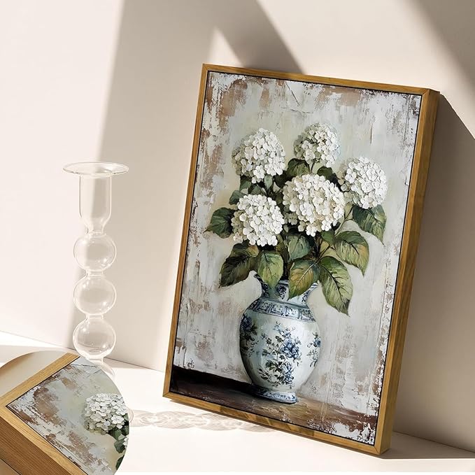 Vintage Chinoiserie Floral Canvas Wall Art White Hydrangea Wall Decor Print Farmhouse Still Life Painting Blue and White Porcelain Picture for home bedroom living room decoration 8x10in frame