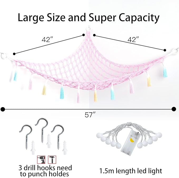 Stuffed Animal Net or Hammock with Light,Yewiwin Macrame Hanging Net Hammock for Stuffed Animal Toy Storage Organizer Boho Decor Room Holder for Nursery Play Room Bedroom (Pink)