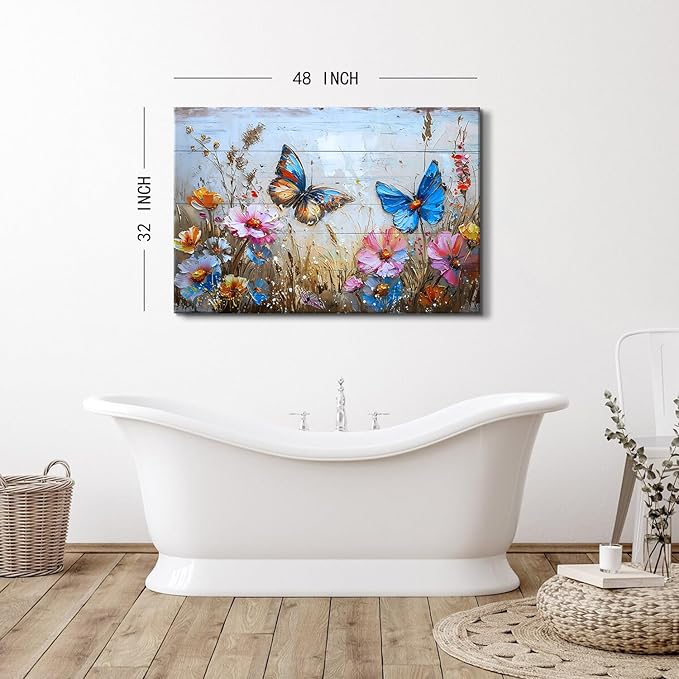 Wildflower Canvas Wall Art Butterfly Wall Decor for Bedroom Colorful Flowers Landscape Pictures Abstract Nature Floral Painting Artwork for Kitchen Living Room Home Decoration 32x48"
