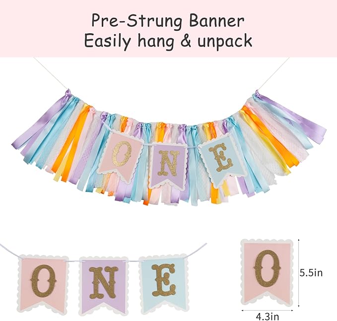 Rainbow High Chair Banner for 1st Birthday - Macaron Color "ONE" Garland with Tulle for Baby Girl Smash Cake Photo, First Birthday Party Decorations