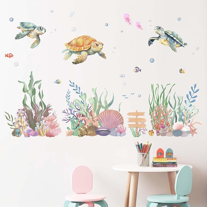 Ocean Sea Turtle Wall Decals - Under The Sea Marine Theme Seaweed Grass Wall Stickers - Baby Nursery Kids Bedroom Daycare Bathroom Wall Decor