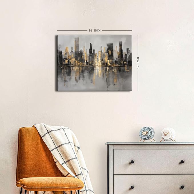 Abstract New York City Wall Art NYC Skyline Wall Decor for Living Room Black and Gold Cityscape Canvas Prints Morden Minimalist Aesthetic Posters Artwork for Bedroom Office Home Decorations 12x16”