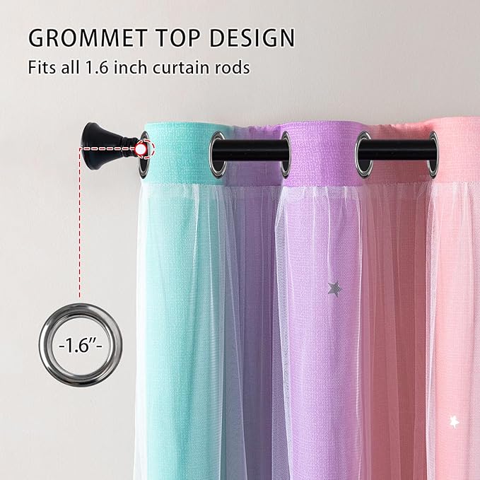 XiDi Curtains for Girls Bedroom Kids Room 2 Panels Colorful Rainbow Design Unicorn Wall Decor Blackout Pink Curtains Cute Mermaid Princess Room 34 Wide 63 Inches Long Grommet Drapes Pink Purple Green