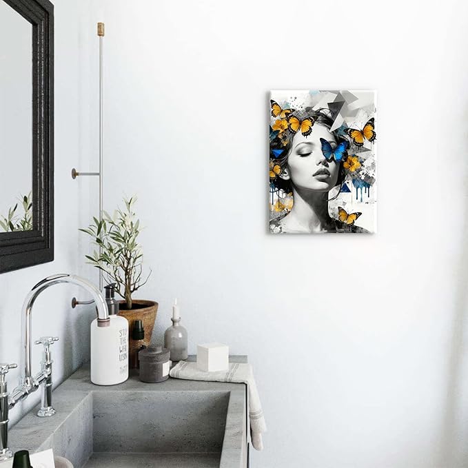 Abstract Butterfly Wall Art Women Pictures Wall Decor Modern Black and White Female Portrait Canvas Painting Blue Yellow Butterfly Wall Decor Aesthetic Prints Artwork for Living Room Bedroom 12x16"
