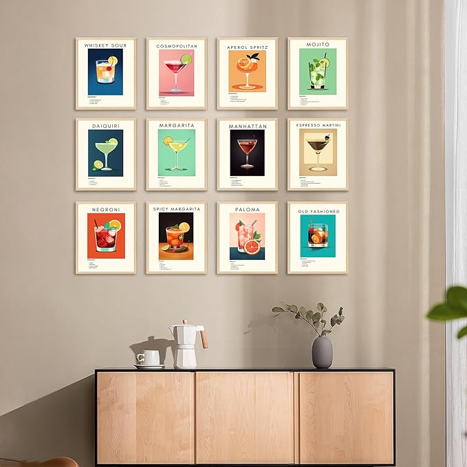 Retro Cocktail Poster Bar Wall Art, Classic Cocktail Wall Decor Set of 12 Vibrant Colorful Preppy Alcohol Prints, Minimalist Alcohol Pictures for College Apartment Wall Decor (8x10 Inches Unframed)