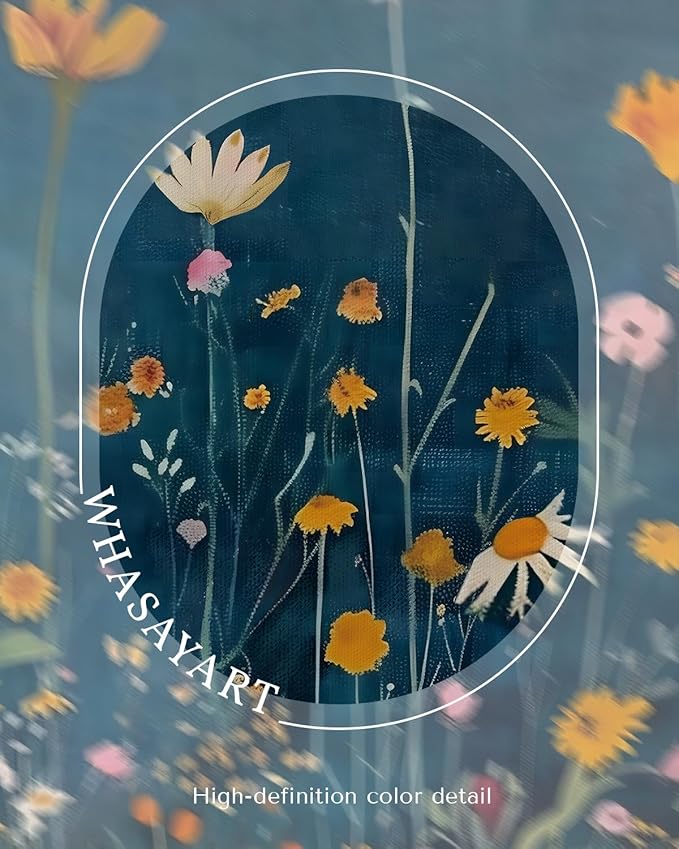 WHASAYART Botanical Floral Canvas Print 16x24 Framed Wildflower Wall Art, Rustic Dark Blue Colorful Flower Artwork, Vibrant Vintage Painting Living Room Kitchen Bedroom Hallway Home Decor