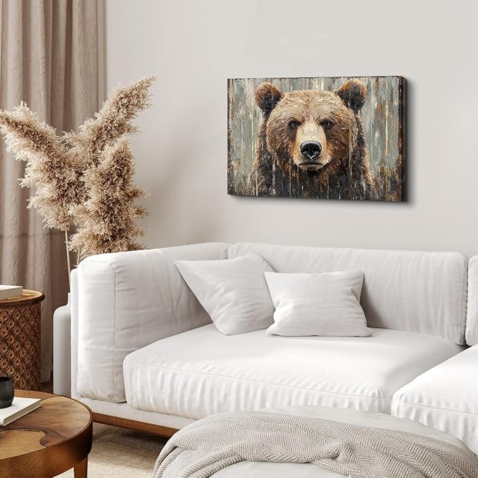 Farmhouse Wall Decor Bear Wall Art Rustic Animal Heads Pictures Funny Animal Canvas Prints Nature Wildlife Portrait Painting Modern Artwork for Kid Bedroom Living Room Home Decoration 16x24"