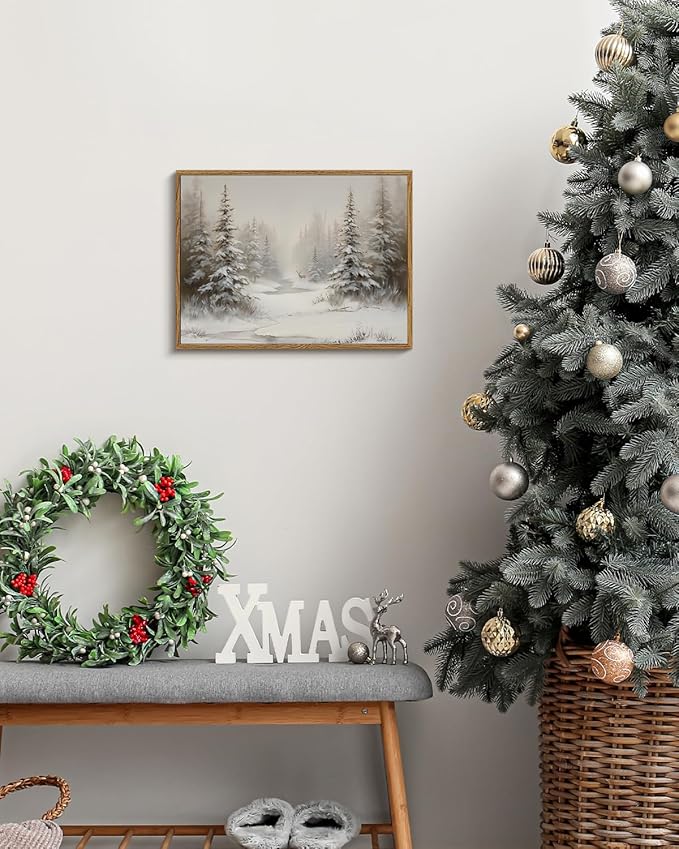 Vintage Snowy Pine Forest with Deer Wall Art 12x16 Framed Canvas Print, Winter Landscape Painting Rustic Neutral Nature Woodland Artwork, Living Room Bedroom Farmhouse Christmas Holiday Decor