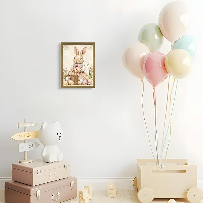 Framed Easter Bunny Wall Art, Vintage Holiday Decor Oil Painting, Rustic Farmhouse Spring Animal Wall Decor, Cute Rabbit Easter Eggs Canvas Print Paintings for Living Room Bedroom Nursery 8x10 Inch