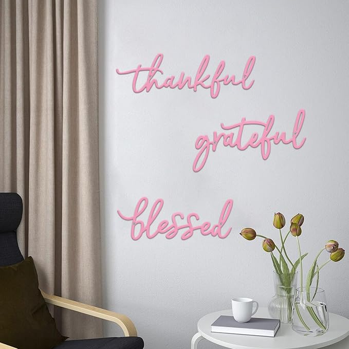 Thankful Grateful Blessed Letter Sign Metal Wall Decor, 3 Pieces Pink Letters Wall Art for Bathroom Bedroom Metal Words Wall Decor for Home Decor (Pink)