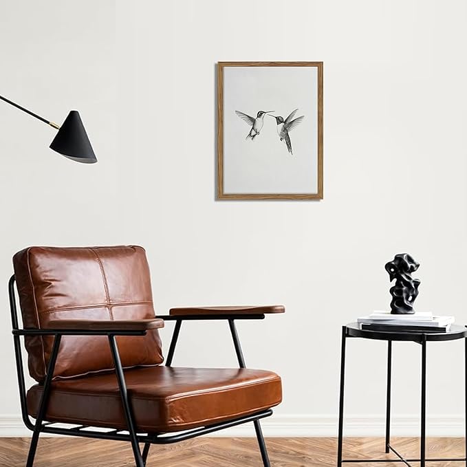 Vintage Wall Art Framed Hummingbird Canvas Print, Modern Farmhouse Birds Wall Decor, Living Room Sketch Painting Picture, Minimalist Black and White Bird Bedroom Decor – 16x24 inch