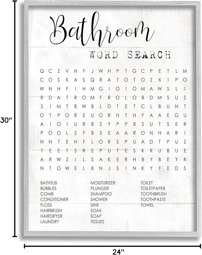 Art Piece 'Bathroom Word Search Family Fun', Framed Giclee Art, Gray, 24 x 30 - Sturdy Block Frame Ready to Hang -Proudly Made In USA (Johnston, RI) - Design By: Lil' Rue