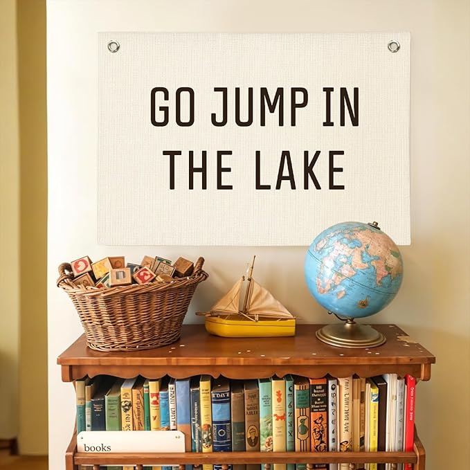 Lake House Decor Canvas Banner,Lake House Gifts for Lake Lovers,Go Jump in The Lake Banner - Surf Decor Wall Hanging Banner Flag for Cabin Bedroom Porch Home 30x20 Inch