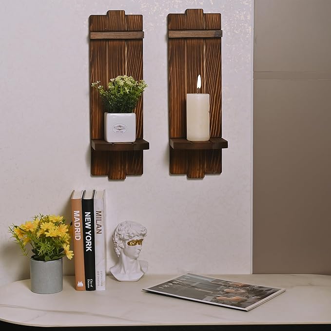 Sconce Wall Decor Set of 2, Large Wall Candle Holder Rustic Farmhouse Decor, Home Wall Art Floating Candle Sconce Shelf Wooden Wall Decoration for Living Room, Dining Room, Bedroom, Bathroom
