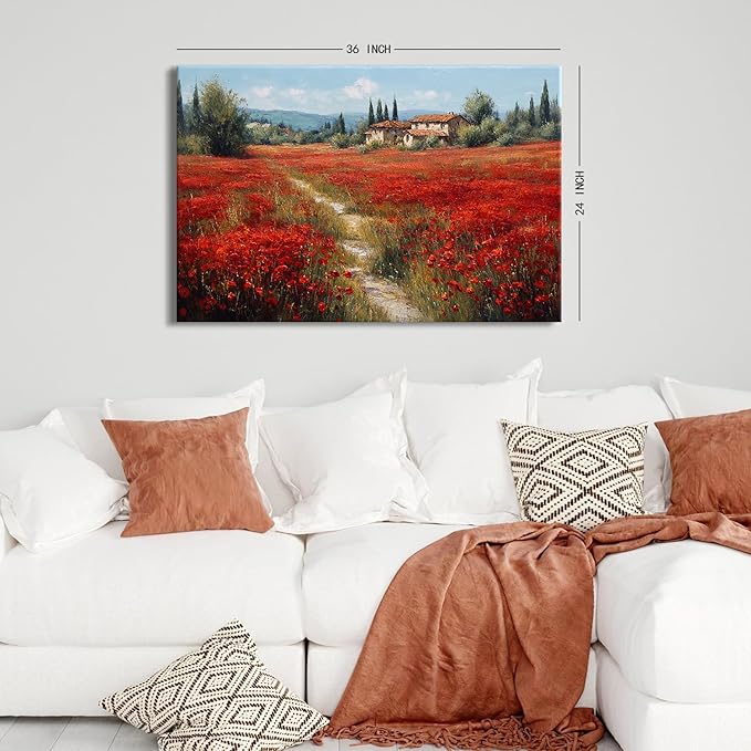 Red Poppy Wall Art Abstract Flowers Landscape Canvas Wall Decor Nature Wildflower Paintings Pictures Rural Floral Field Scenery Posters Farmhouse Artwork for Bedroom Bathroom Home Decorations 24x36"