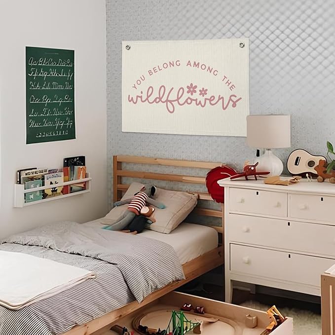 Girls Room Decor, Wildflower Baby Girl Nursery Decor, Baby Shower Pink Linen Canvas Banner, Wall Hanging Banner Flag 20x30 Inch - Pink