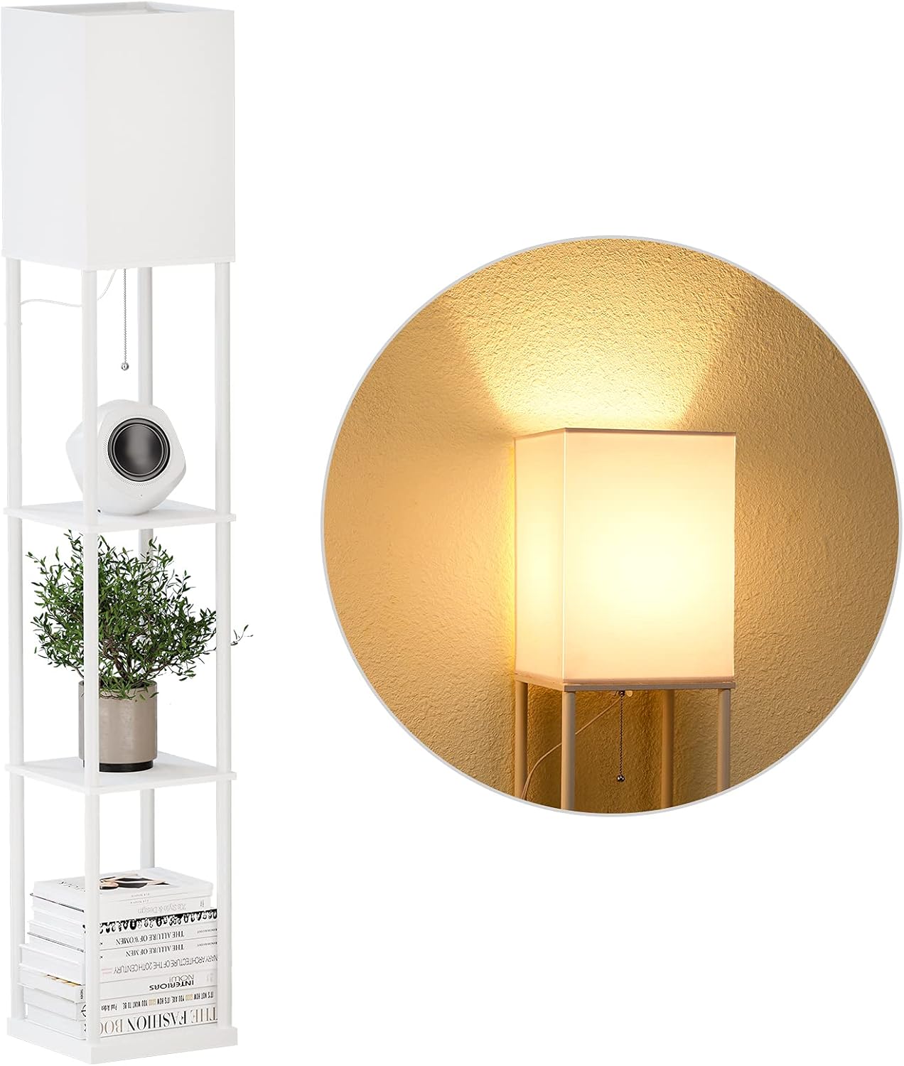 SUNMORY Shelf Floor Lamp with 3-Way Dimmable LED Bulb, Modern Square Standing Lamp with Shelves and White Shade, Corner Display Bookshelf Lamp for Living Room and Bedroom(White)