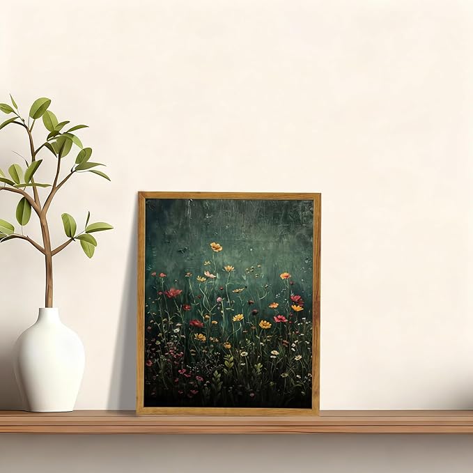 KBKBART Framed Canvas Wall Art, Green Flower Wall Decor, Nature Landscape Flower Wildflower Oil Painting Prints Pictures Artwork for Living Room Bedroom 12x16 inch
