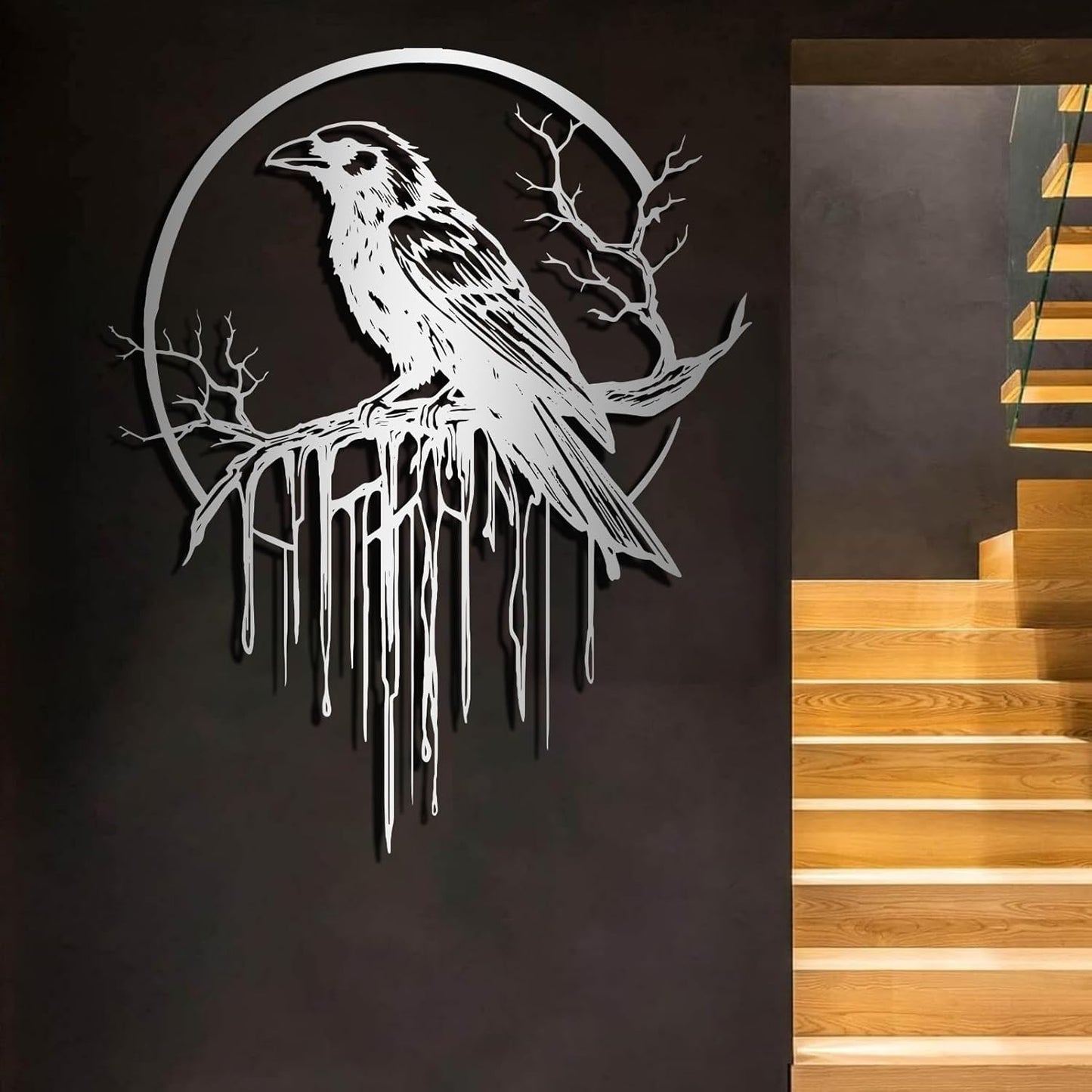 Crow Metal Wall Decor, Raven Wall Art, Large Gothic Raven Decor Hangings, Bird Wall Decor, Metal Tree Branch Decor, Ravens Sign, Raven Art for Living Room (Black, 28"x22" |70x56cm, metal wall art)