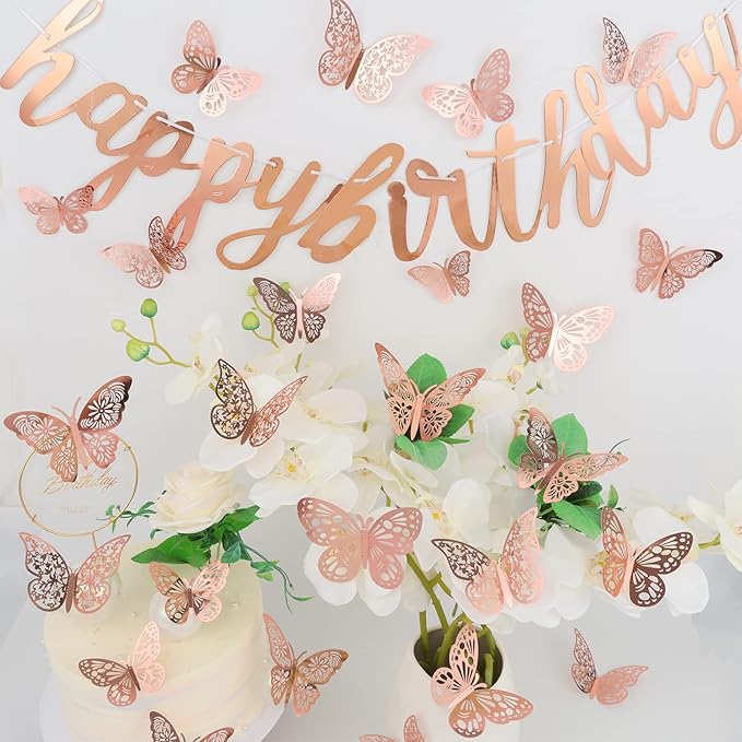 72 Pcs Butterfly Wall Decor - 3 Styles, 3 Sizes, 3D Butterflies in Rose Gold - Wedding & Birthday Party Decorations for Girls' Bedroom
