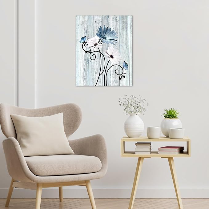 HVEST Blue Daisy Wall Art Vintage Floral and Butterfly on Rustic Wooden Canvas Wall Art Farmhouse Plant Wall Art for Living Room Bathroom Bedroom Office Decor, 10Lx8W Inches