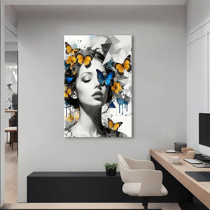 Abstract Butterfly Wall Art Feminine Portrait Paintings Pictures for Bathroom Wall Decor Black and White Woman Canvas Prints Modern Aesthetics Artwork for Living Room Bedroom Home Decorations 32X48''