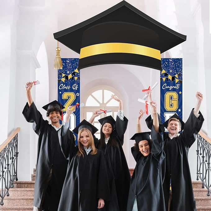3Pcs Graduation Cap Door Banner 2026 Graduation Door Decoration Class of 2026 Porch Sign Congrat Grad Hanging Banner Decor Grad Party Indoor Outdoor Wall Decor Photo Prop Supplies Blue Gold
