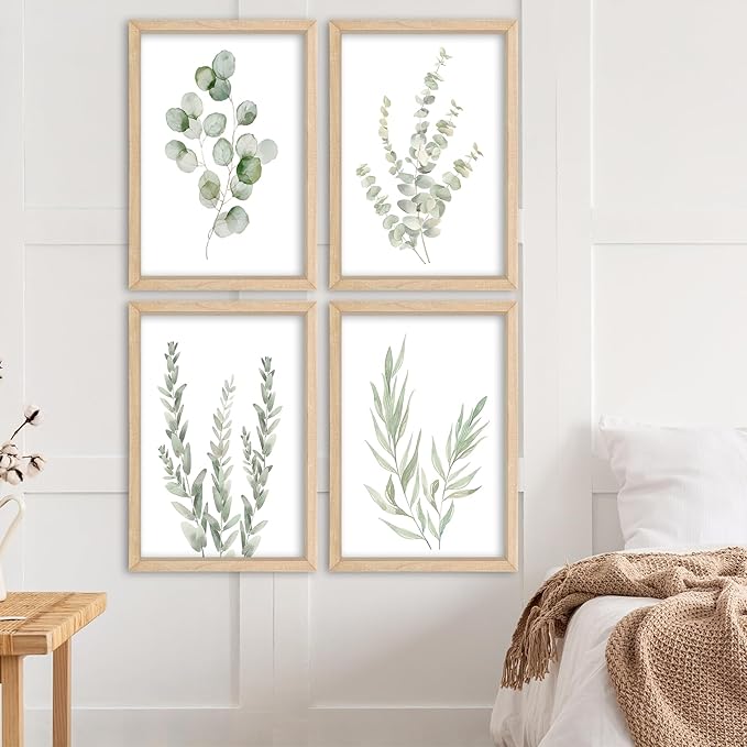YWJKWLGS Botanical Watercolor Prints Sign Sage Green Eucalyptus Wall Decor 11x16 Inch Set of 4 Minimalist Wood Framed for Bathroom Laundry Room Office Wall Hanging Art (Wood)