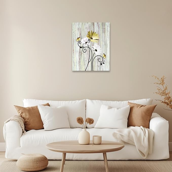 HVEST Yellow Floral Wall Art Rustic Yellow Daisy and Butterfly Aesthetic Botanical Painting Farmhouse Flower Wall Art for Bathroom Living Room Bedroom Kitchen Decor Ready to Hang, 16Lx12W Inches