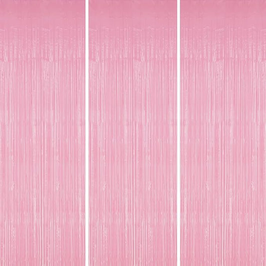 3 Pack Foil Fringe Backdrop - Shiny Tinsel Curtains for Party Decoration/Photo Booth Props - 3.3x8.2 FT Metallic Foil Backdrop for Birthday, Wedding, Graduation, Christmas-Pastel Pink