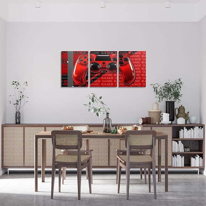 Feelyou Gamer Canvas Wall Art 12" x 16" 3 Piece Game Controller Office Wall Artwork Posters for Teens Adults Gaming Gifts Bathroom Wall Art for Home Gamepad Red and Black Wall Painting