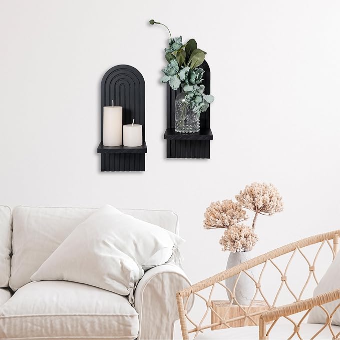 Sconces Wall Decor Set of 2, Wall Candle Holder Rustic Home Decor, Floating Candle Sconces Shelf Black Wall Art, Farmhouse Wall Decor for Living Room, Dining Room, Bedroom, Bathroom