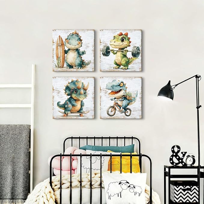 Watercolor Dinosaur Canvas Wall Art Baby Toddler Bedroom Decor Cartoon Dino Sports Theme Pictures Wall Decor Funny Animals Bike Surfing Paintings Prints Posters Artwork Nursery Decoration 16x16in 4Pcs