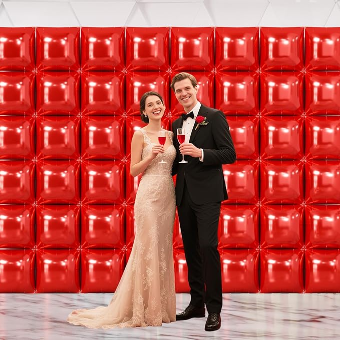 NISOCY 48PCS Red Square Foil Balloons Wall Backdrop Metallic Double Sided Red Christmas Balloon Tunnel Arch Kit for Birthday Baby Shower Valentine‘s Day Party Decoration
