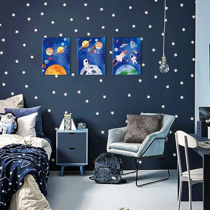 CHDITB Framed Outer Space Art Prints Cartoon Watercolor Planet Wall Art Set of 3 Pieces (11.8x15.6inch), Universe Theme Canvas Painting, Spaceship, Astronaut For Kids Room Nursery Decor-Ready to Hang